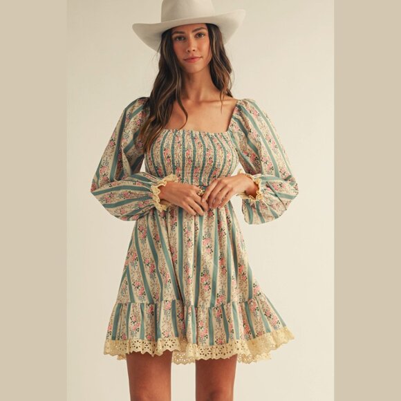 LOVLOV Vintage Floral Maxi Dress Western Cottagecore Lace Trim Smocked Bodice - Picture 3 of 16